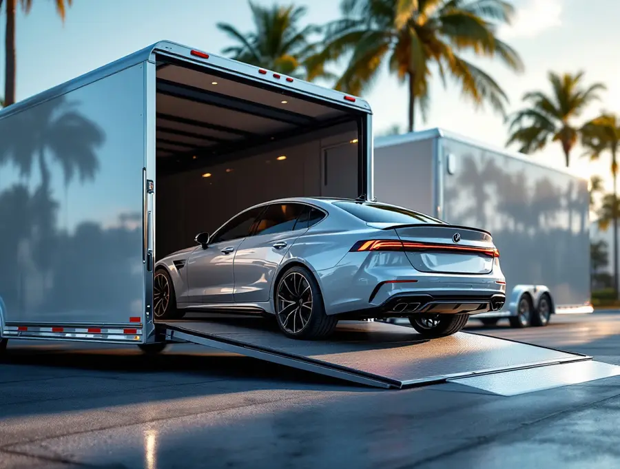 classic car loaded in an enclosed trailer