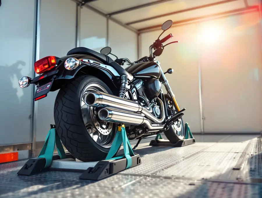 motorcycle being secured on a transport trailer
