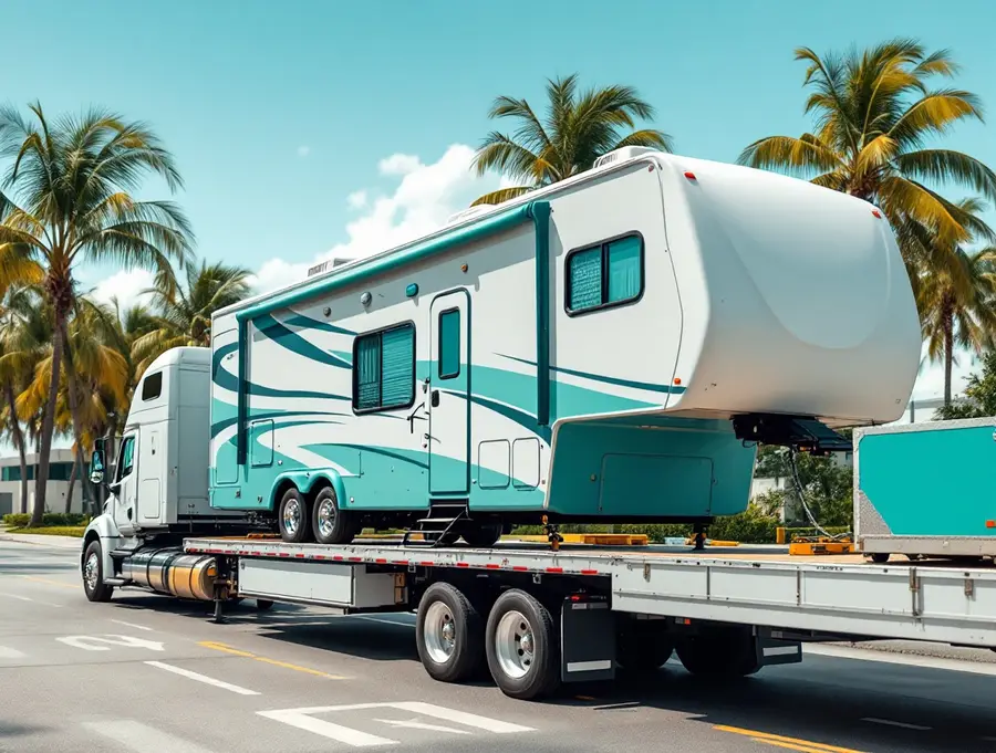 Fifth wheel trailer being loaded onto a specialized hauler